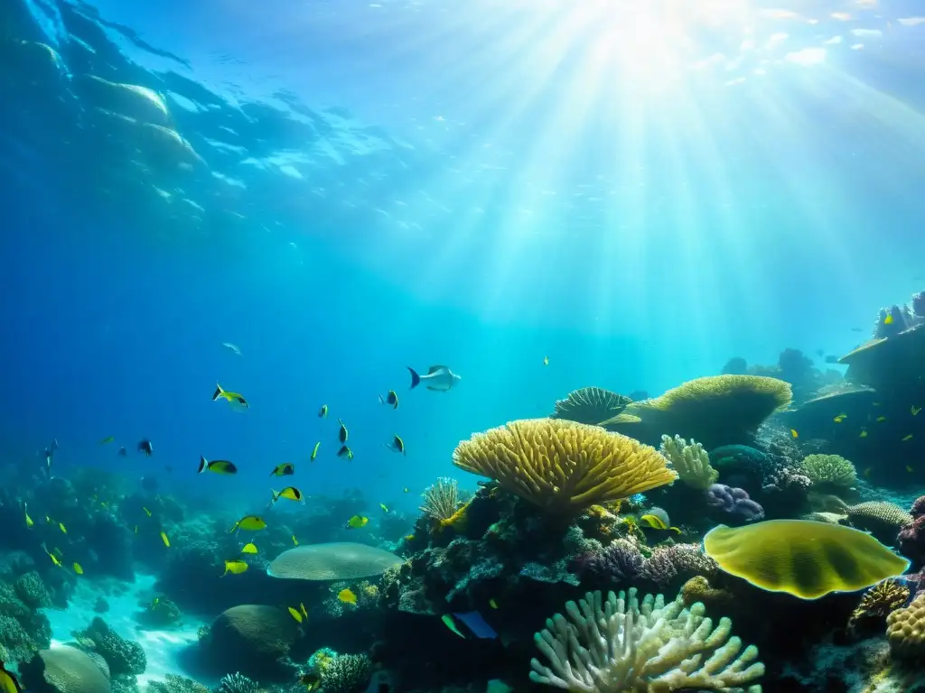 Una vibrante barrera de coral llena de peces y plantas marinas, iluminada por el sol