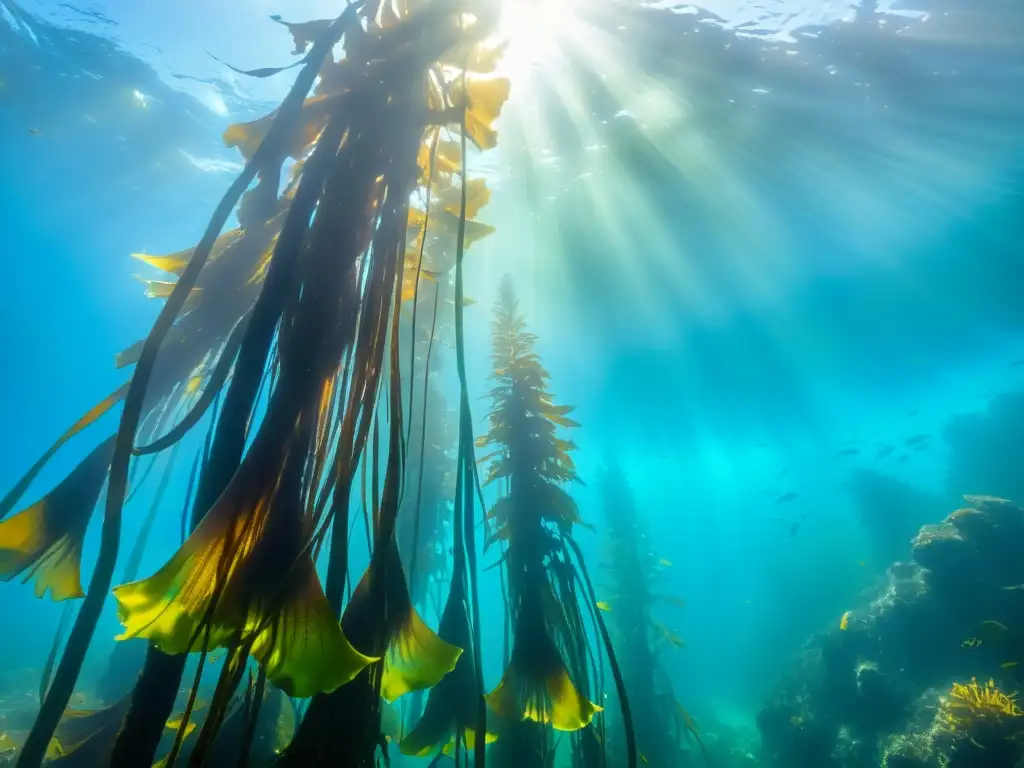 Un vibrante bosque de algas submarino con potencial revolucionario de cultivos de algas, muestra la diversa vida marina y los colores dinámicos