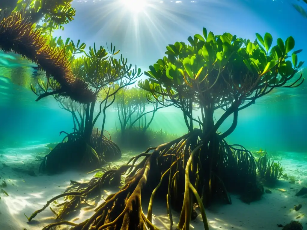 Vibrante bosque de manglares bajo el agua, mostrando la recuperación de manglares después de desastres con diversa vida marina y raíces intrincadas