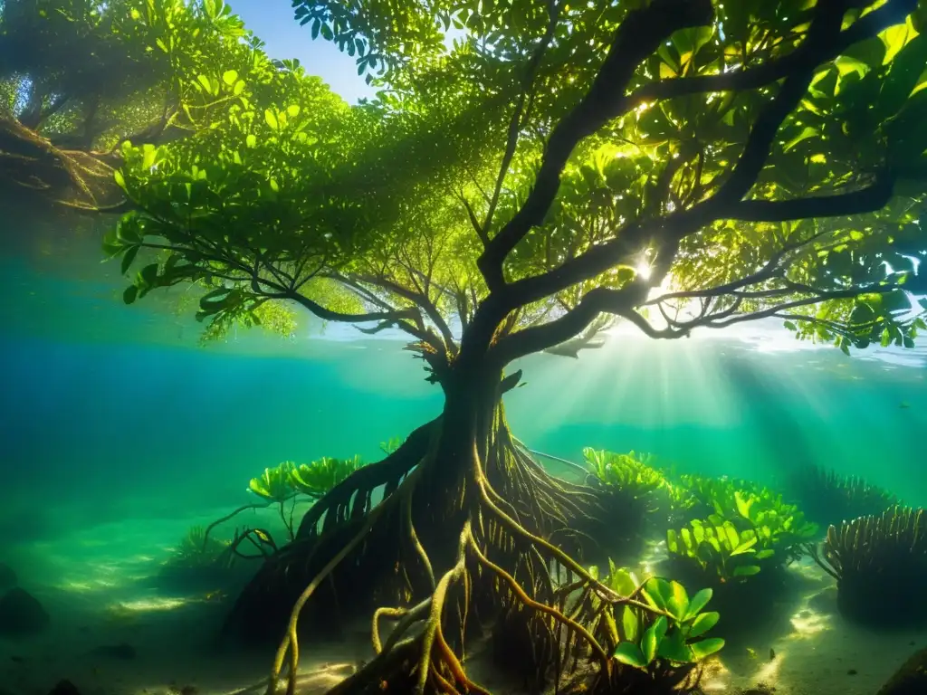 Vibrante bosque de manglares oceánicos con vida marina diversa