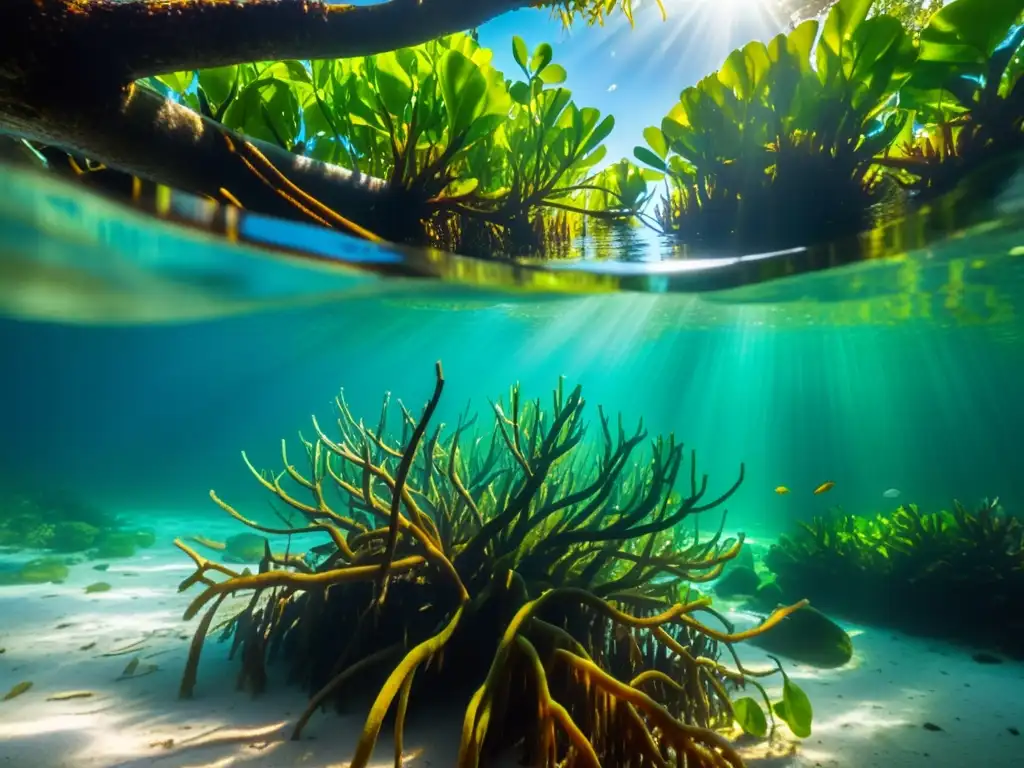 Vibrante bosque de manglares oceánicos, iluminado por la luz solar, revelando una rica diversidad marina