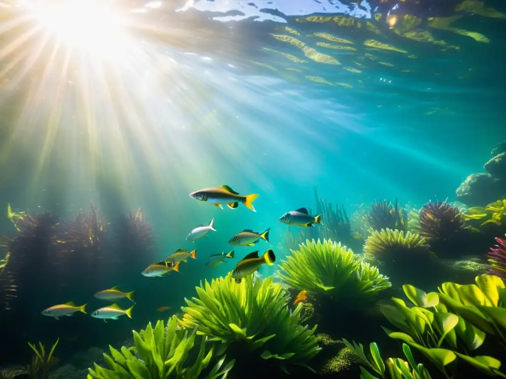 Vibrante cardumen de peces de agua dulce entre plantas acuáticas, bañados por la luz del sol