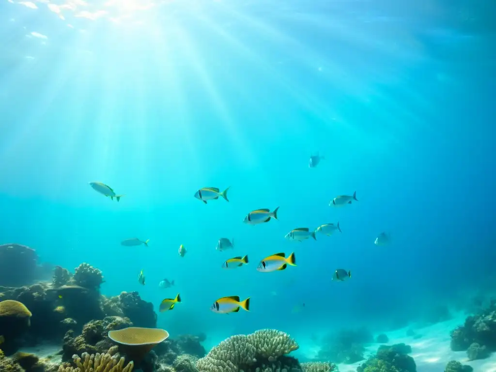 Un vibrante cardumen de peces nada en aguas turquesas, rodeado de arrecifes de coral coloridos y vida marina, evocando paz y belleza natural