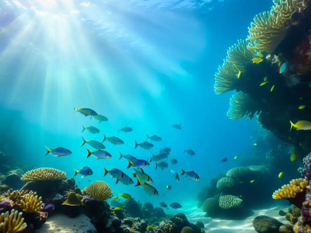 Un vibrante cardumen de peces nada entre los corales, bajo la luz del sol, en una escena submarina dinámica capturada con técnicas de imagen acuática