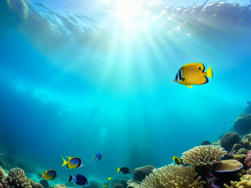 Un vibrante cardumen de peces tropicales nada entre arrecifes de coral, mostrando una variedad de colores y patrones submarinos