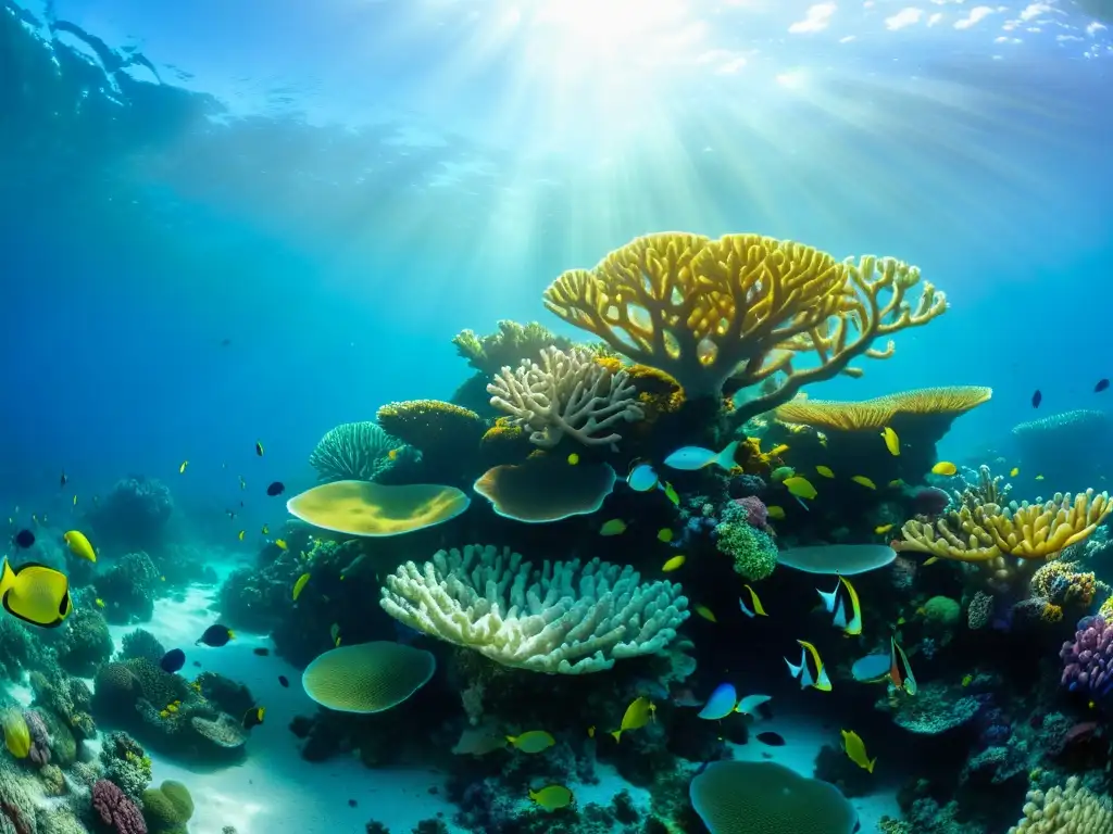 Una vibrante comunidad costera salvar mares: un arrecife de coral diverso y lleno de vida, con corales coloridos y especies marinas