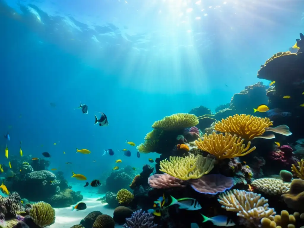 Vibrante coral y peces en acuario marino, luz filtrada crea atmósfera tranquila