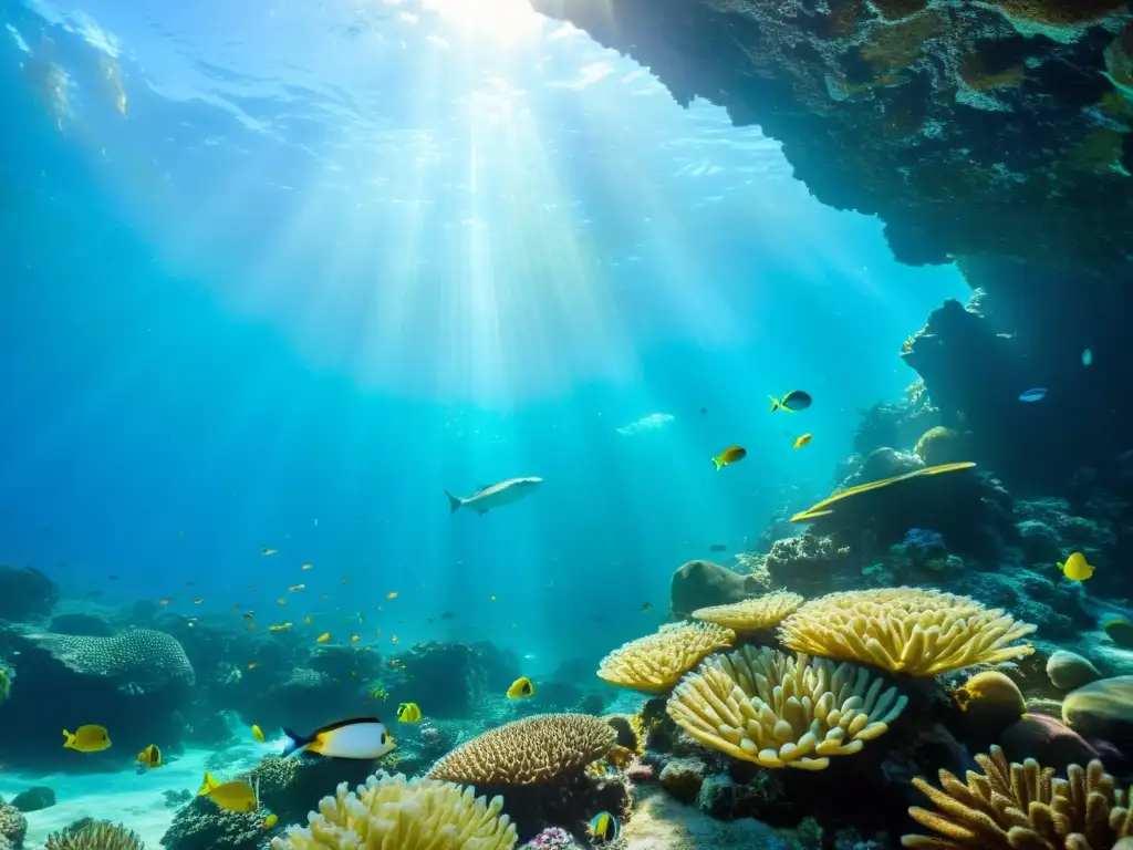 Una vibrante cueva submarina rebosante de vida: rayos de luz solar iluminan agua cristalina, revelando peces, corales y plantas