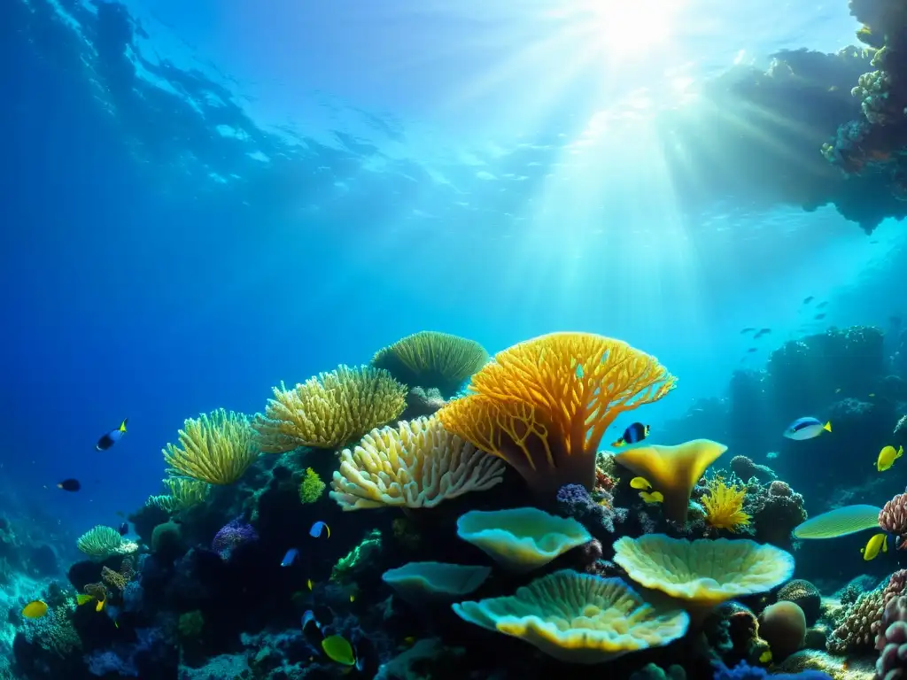 Una vibrante y detallada imagen de un arrecife de coral, con una diversa vida marina y patrones de luz filtrada