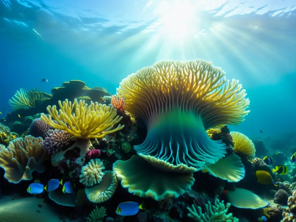 Un vibrante e detallada fotografía submarina de un colorido arrecife de coral, destacando la importancia del curso fotografía submarina investigación científica