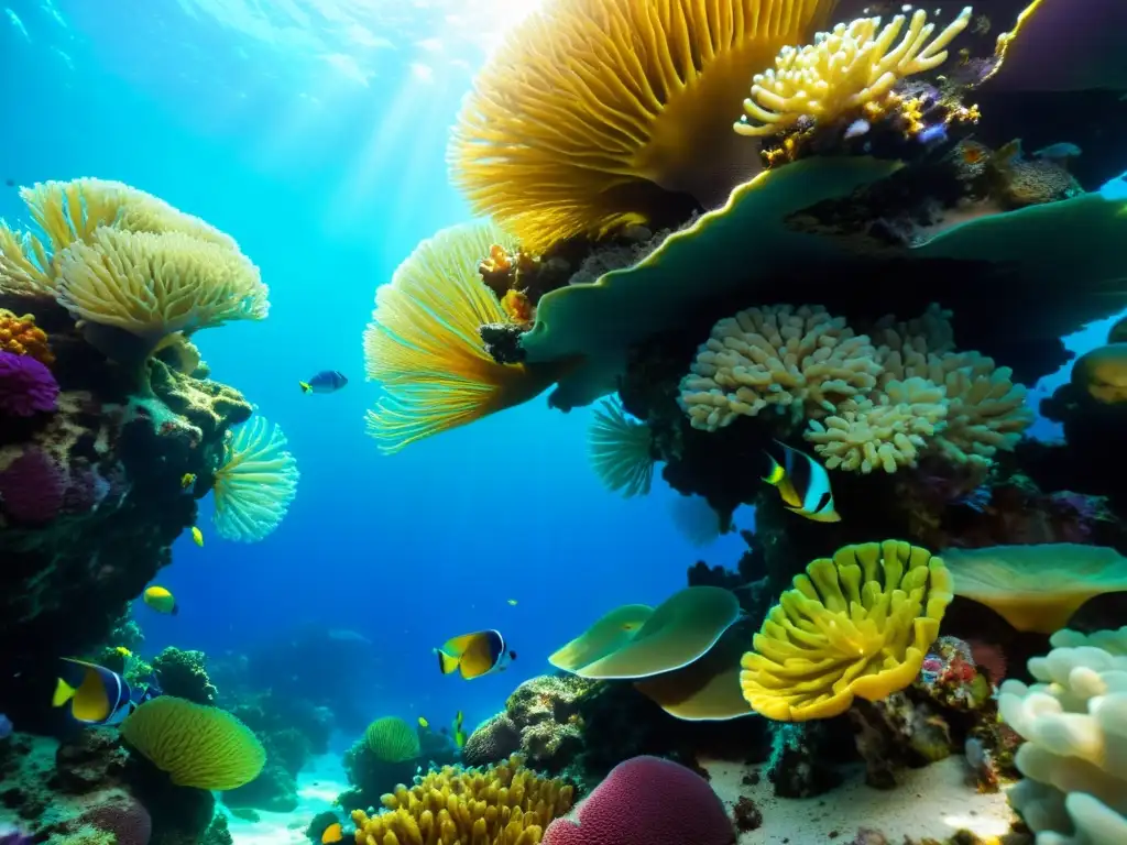 Un vibrante y detallado arrecife de coral, con vida marina exótica y rayos de sol filtrándose a través del agua cristalina