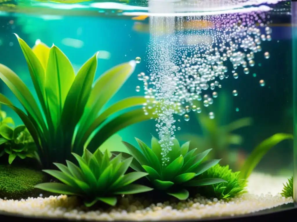 Vibrante difusor de aire en acuario, burbujas danzantes entre plantas y peces tropicales