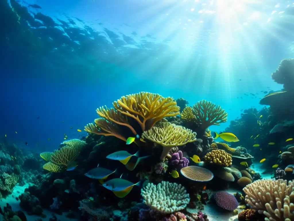 Una vibrante y diversa escena marina de corales, peces y luz solar