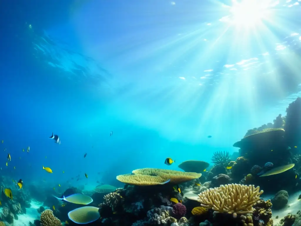 Una vibrante y diversa vida marina en un arrecife de coral, mostrando el impacto del aumento del nivel del mar en las costas