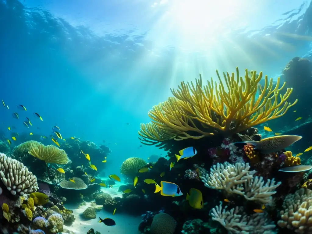 Una vibrante y diversa vida marina en un arrecife de coral, iluminada por el sol filtrado en el agua cristalina