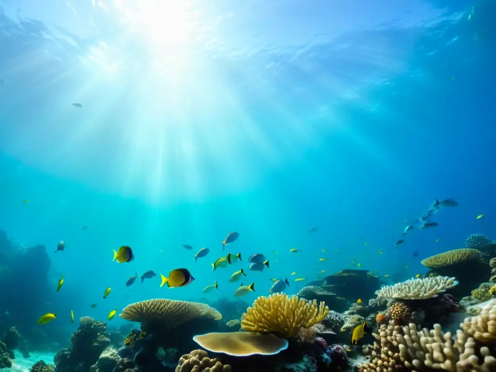 Vibrante diversidad de ecosistemas en áreas protegidas marinas: arrecife de coral lleno de vida marina y coloridos peces entre la luz del sol