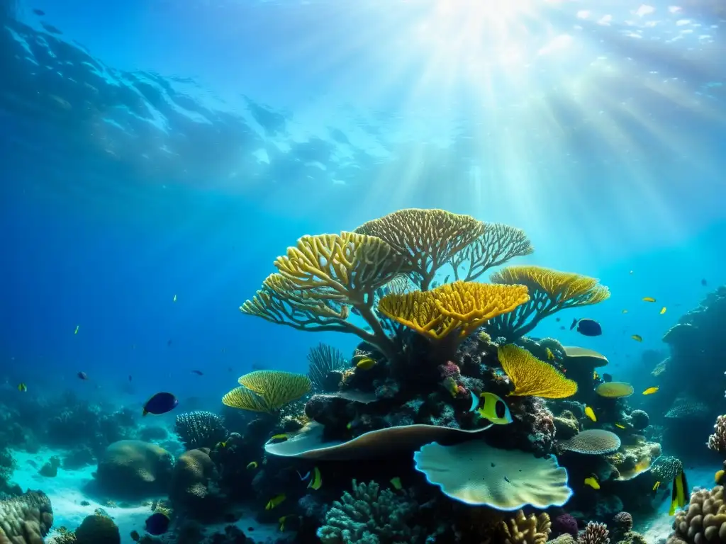 Un vibrante y diverso arrecife de coral bajo el agua, con vida marina en abundancia y la majestuosa presencia de una ballena jorobada y su cría