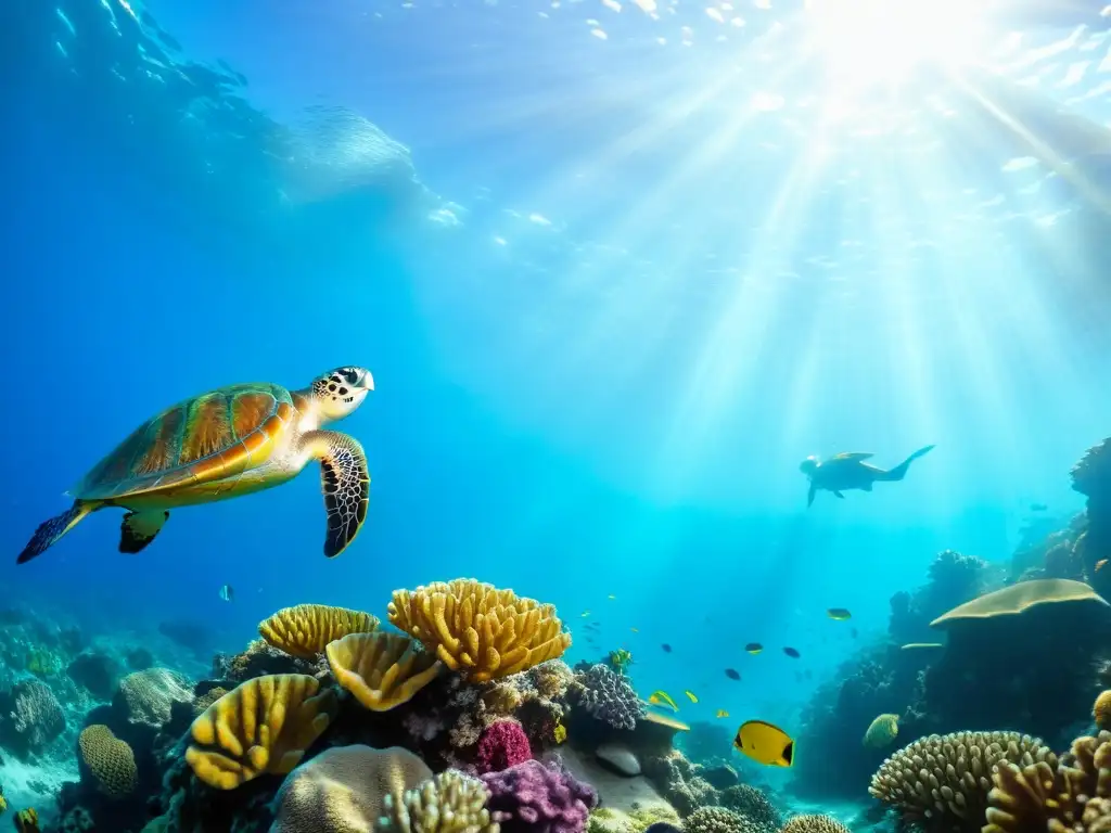 Un vibrante y diverso arrecife de coral rebosante de peces coloridos, plantas marinas ondulantes y formaciones rocosas intrincadas