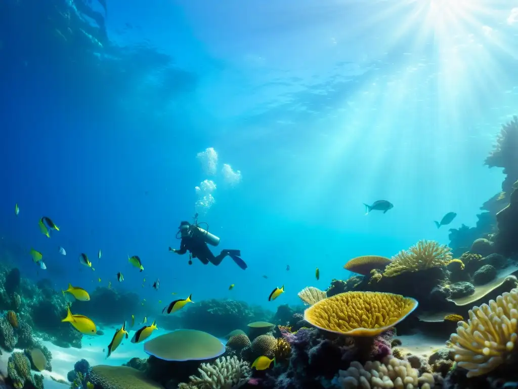 Un vibrante y diverso escenario submarino con una bulliciosa barrera de coral llena de peces coloridos, anémonas y otros seres vivos marinos