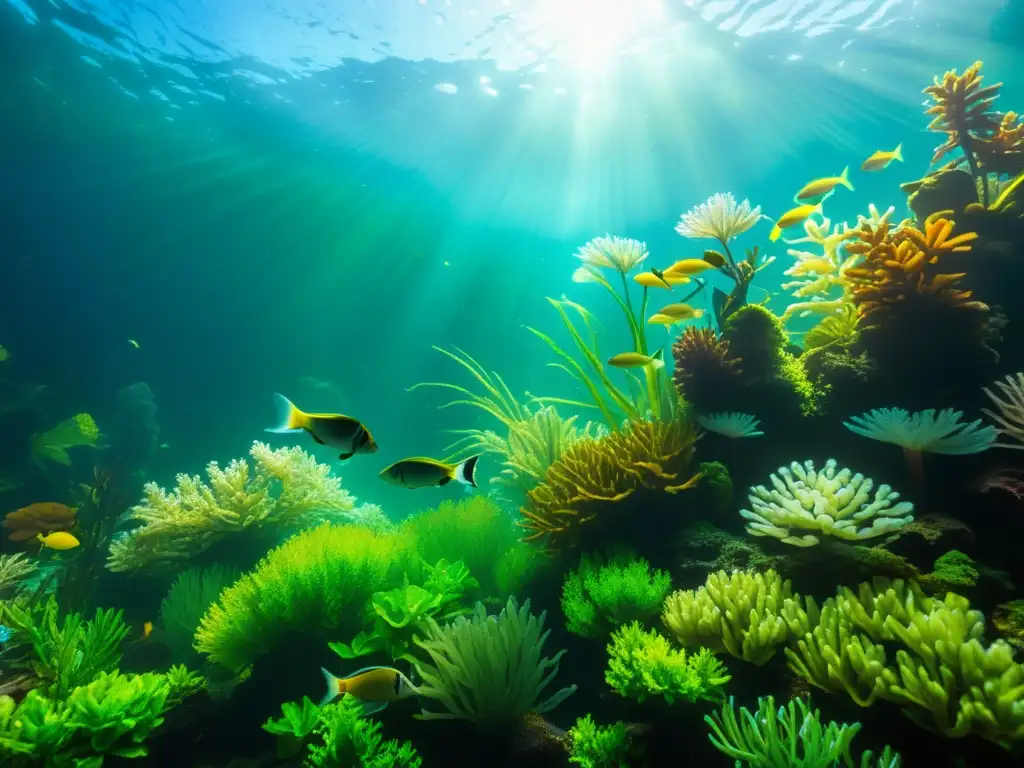 Vibrante ecosistema acuático en un acuario, con plantas exuberantes, peces intrincados y luz solar filtrada