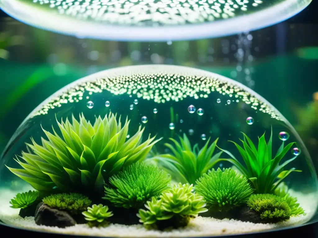 Vibrante ecosistema acuático en acuario con difusor de aire, plantas exuberantes y peces