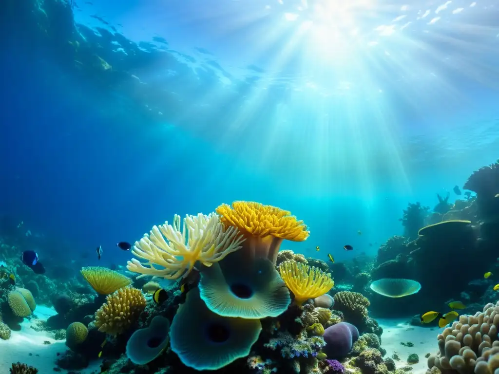 Vibrante ecosistema de arrecife de coral bajo el agua, con peces coloridos y formaciones de coral ondeando