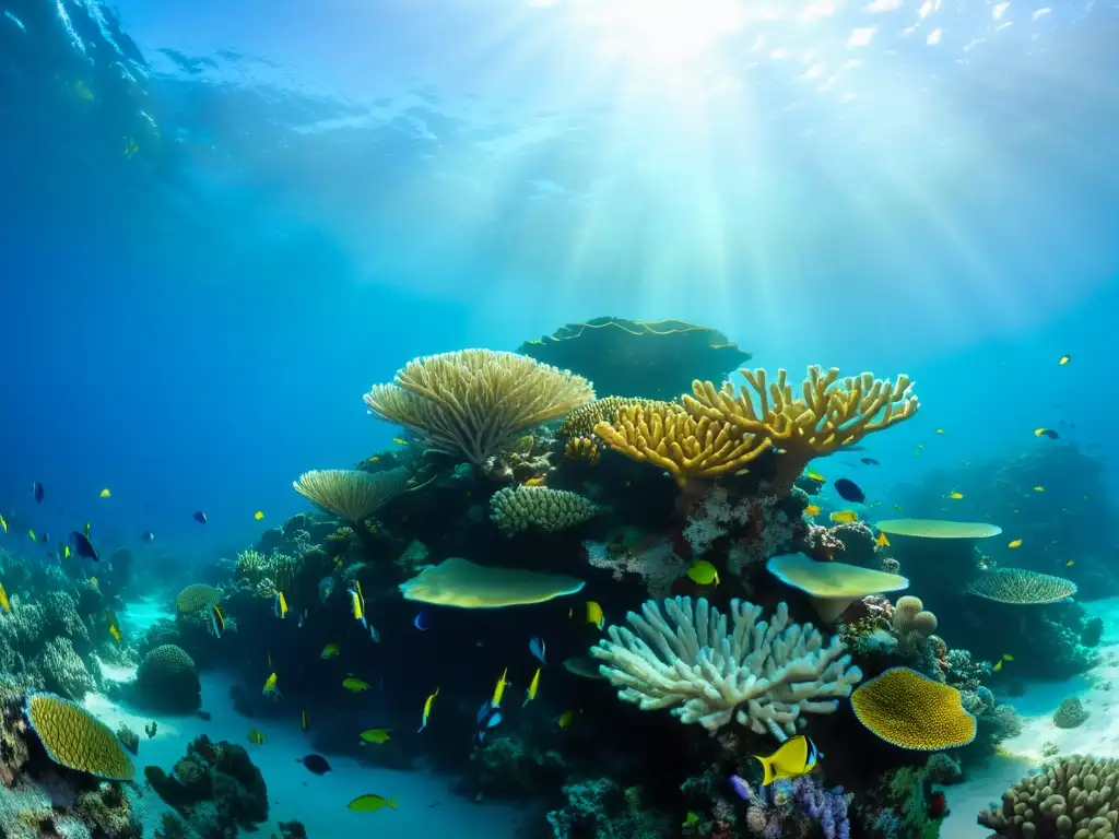 Un vibrante ecosistema de arrecife de coral teñido de coloridos peces y formaciones coralinas