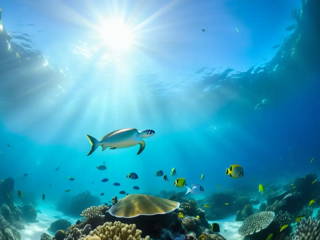 Vibrante ecosistema de arrecife de coral, con luz solar filtrándose en el agua y vida marina diversa