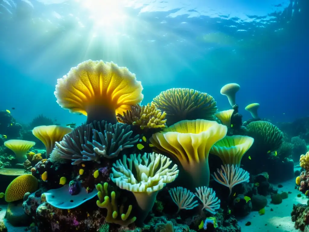 Un vibrante ecosistema de arrecife de coral, con esponjas marinas coloridas, plantas marinas y vida marina diversa