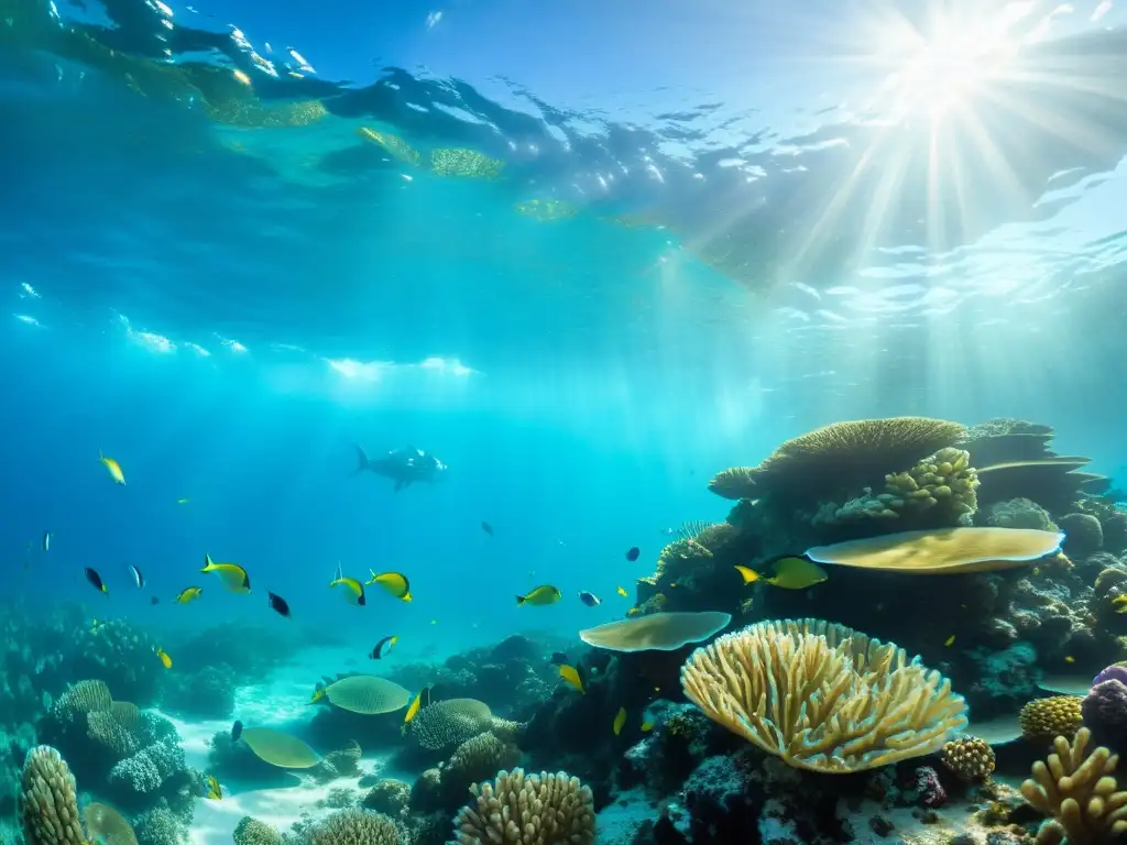 Vibrante ecosistema de arrecife de coral, con peces coloridos y formaciones de coral, bajo aguas turquesas