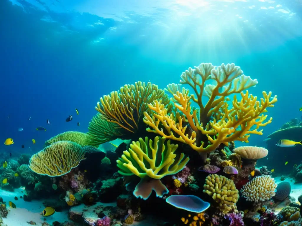 Un vibrante ecosistema de arrecife de coral próspero, con una variedad de especies coloridas rodeadas de vida marina diversa