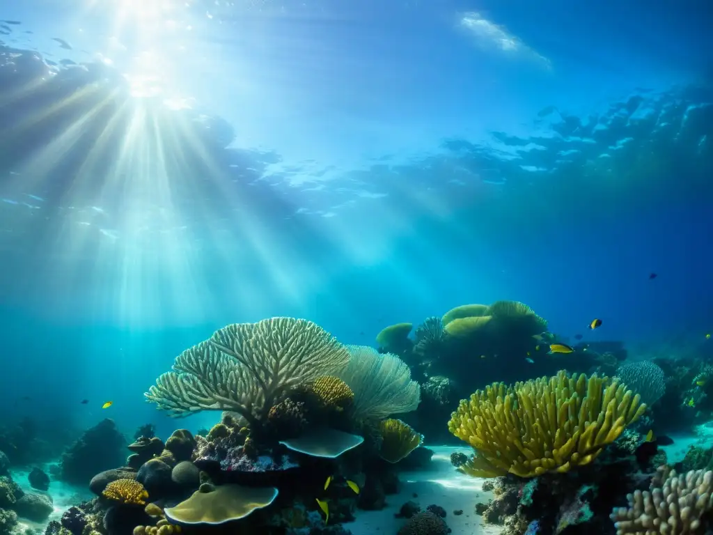 Un vibrante ecosistema de arrecifes de coral bajo el agua, con corales coloridos, peces tropicales y un patrón dappled en el suelo marino