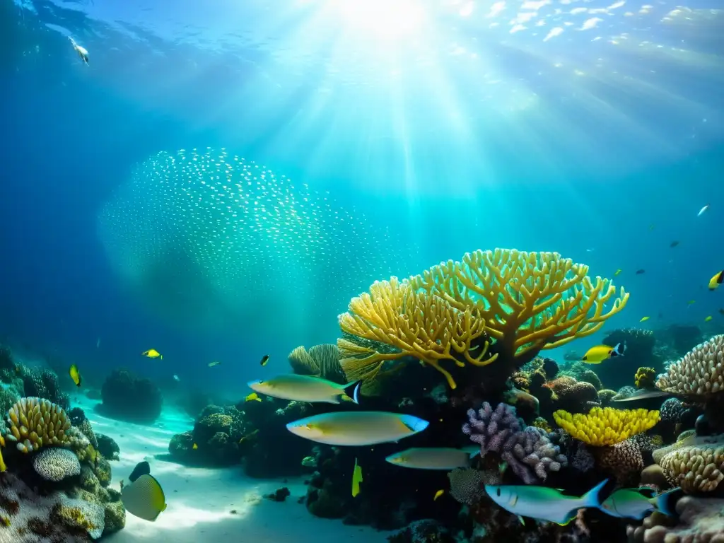 Maravilloso ecosistema submarino: corales, peces y luz Un vibrante ecosistema de arrecifes de coral, peces coloridos y agua cristalina