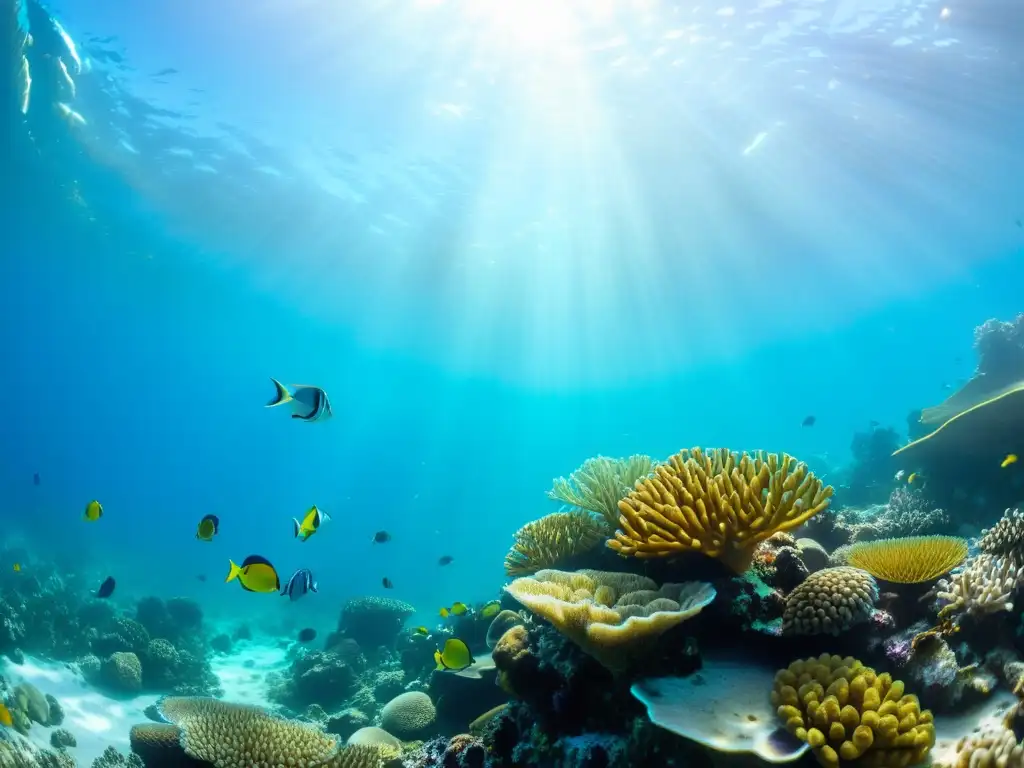 Un vibrante ecosistema de arrecifes de coral, impacto pesca artesanal mariscos, con peces coloridos y anémonas bailarinas bajo el agua turquesa