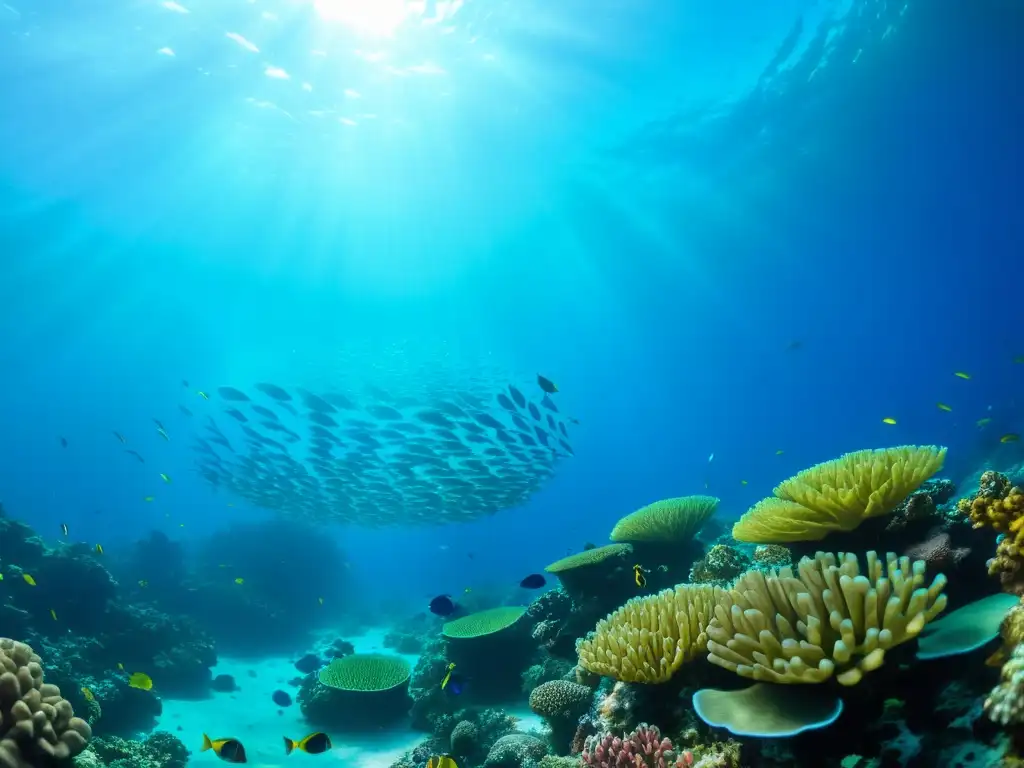 Vibrante ecosistema de arrecifes de coral con peces coloridos nadando entre corales, iluminados por la luz solar en el fondo del océano