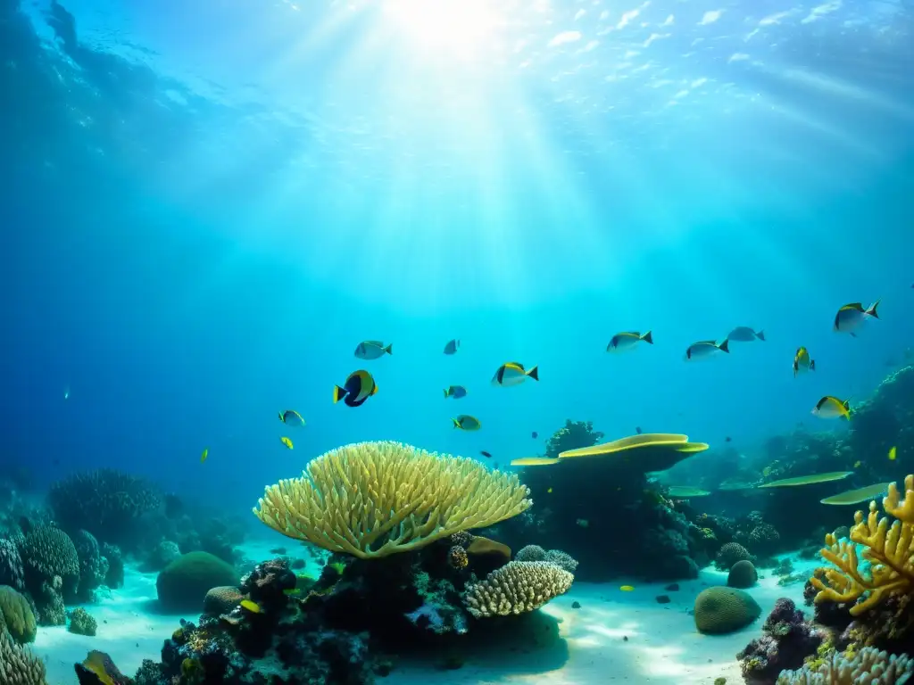 Vibrante ecosistema de arrecifes de coral con peces coloridos nadando entre formaciones de coral