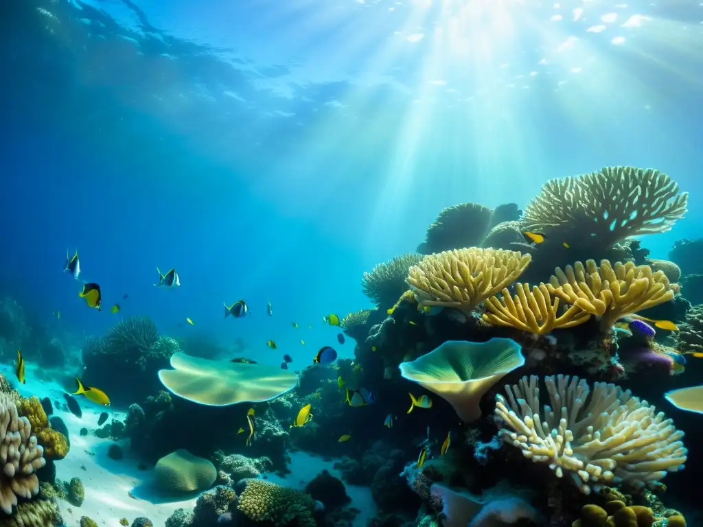 Un vibrante ecosistema de arrecifes de coral con peces coloridos, iluminado por rayos de sol