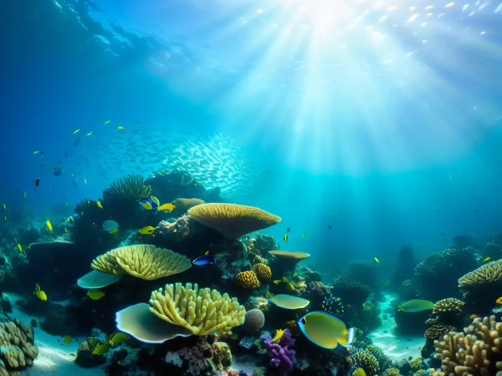 Un vibrante ecosistema de arrecifes de coral, peces coloridos y luz solar filtrada en el fondo marino