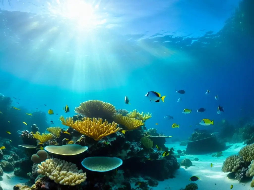 Un vibrante ecosistema de arrecifes de coral con diversidad marina y Derecho del Mar, bajo la luz solar filtrada en el agua cristalina