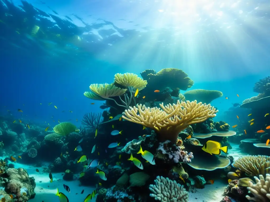 Un vibrante ecosistema de arrecifes de coral, con peces coloridos entre formaciones, indicadores de salud del océano