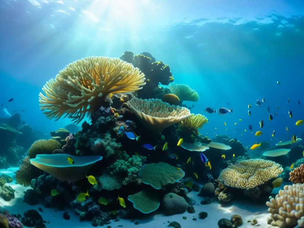 Un vibrante ecosistema coralino en 8k, con corales de distintas formas y colores, peces coloridos y anémonas de mar