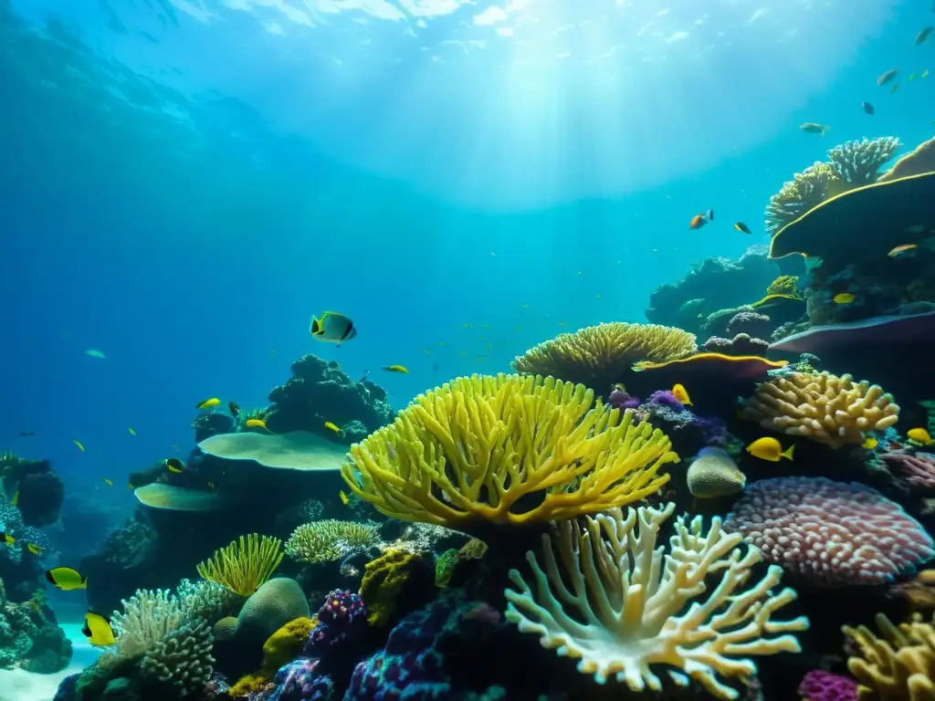 Vibrante ecosistema marino en acuario tropical, con corales, peces y vida marina