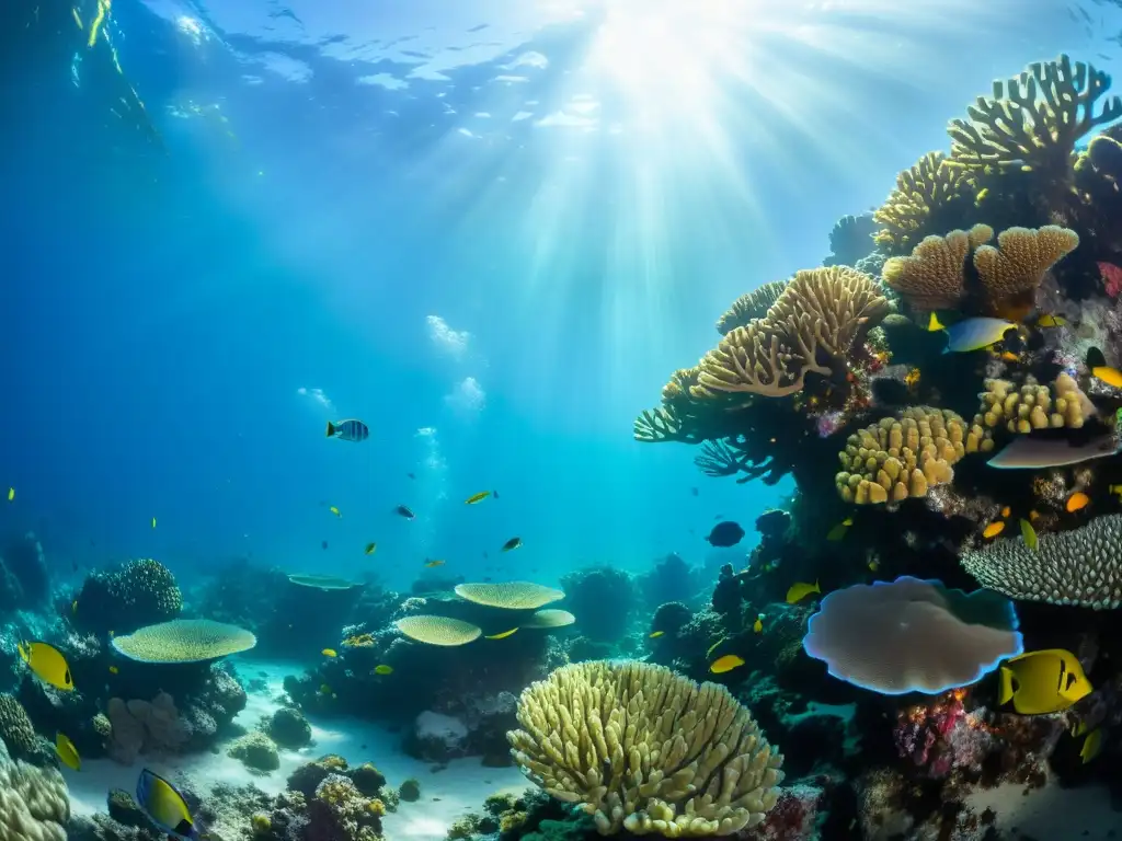 Un vibrante ecosistema marino en un arrecife de coral, con peces de colores entre las estructuras