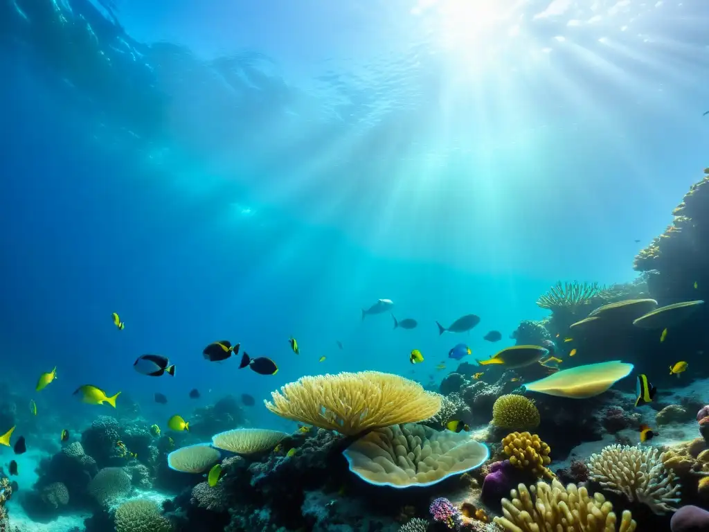 Vibrante ecosistema marino en arrecife de coral, reflejando la importancia de las corrientes oceánicas en la evolución de la vida marina