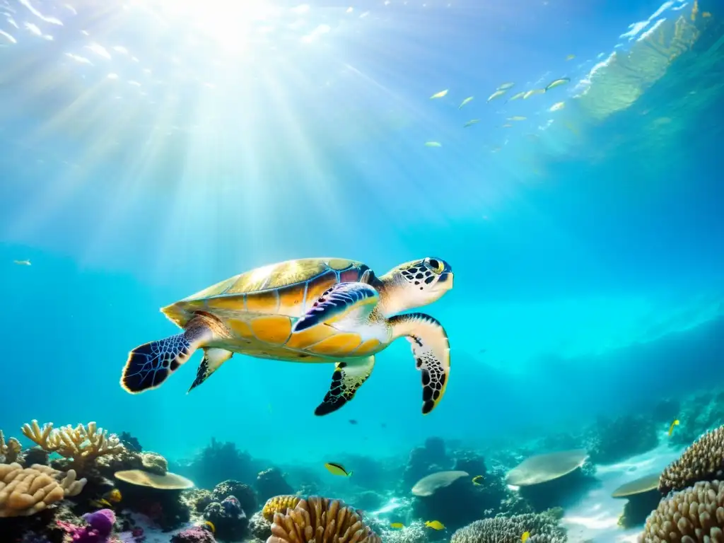 Un vibrante ecosistema marino en un arrecife de coral, con peces tropicales y una majestuosa tortuga marina