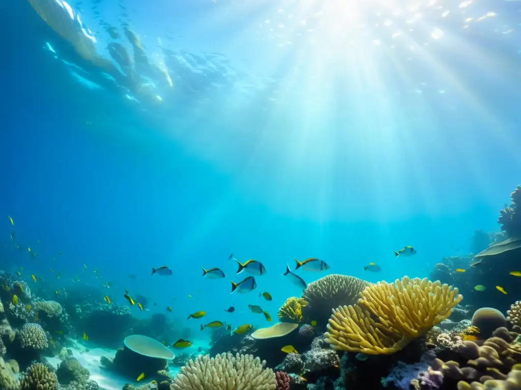 Un vibrante ecosistema marino, muestra un arrecife de coral colorido y peces en movimiento