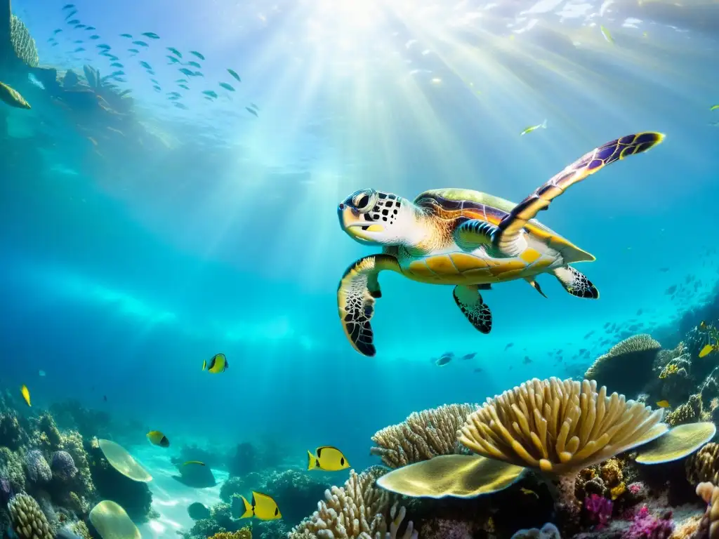 Un vibrante ecosistema marino muestra un arrecife de coral lleno de peces coloridos y plantas marinas