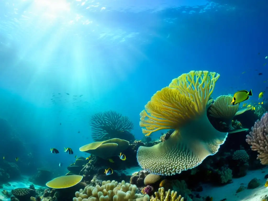 Un vibrante ecosistema marino en un arrecife de coral, con peces tropicales, anémonas y abanicos marinos