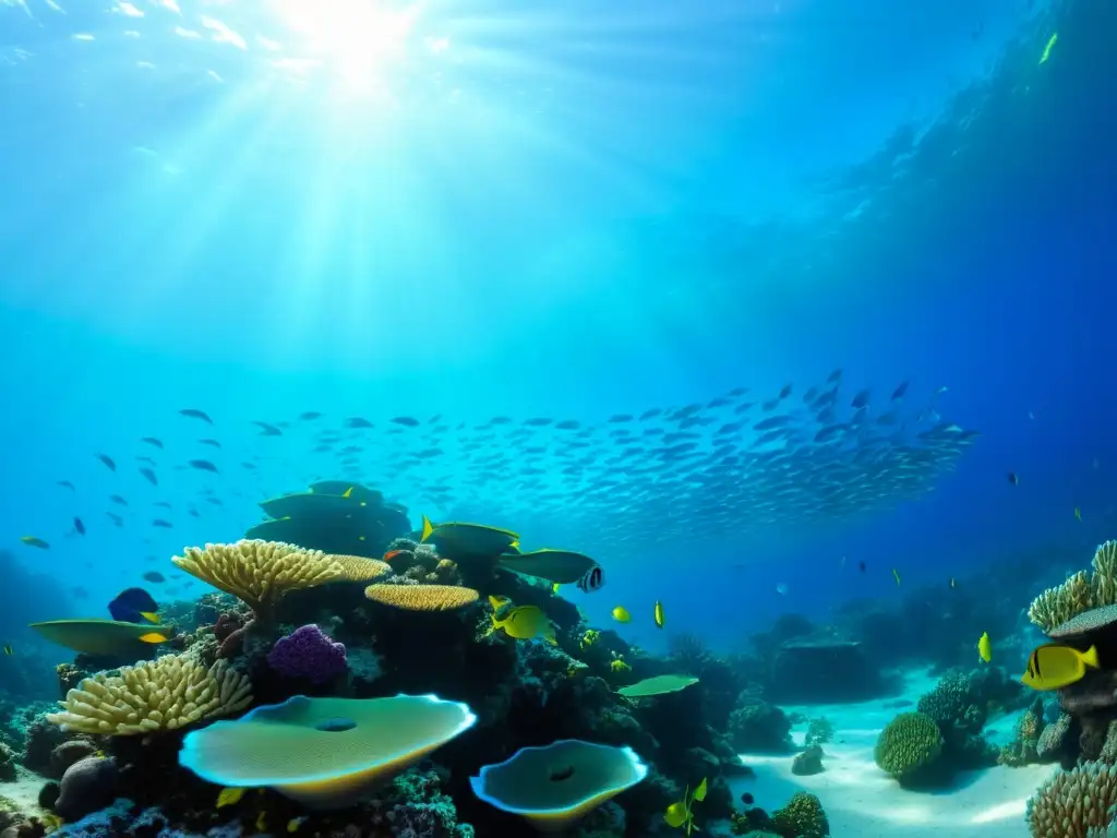 Un vibrante ecosistema marino con arrecifes de coral, peces coloridos y luz cálida, destacando la importancia de la acuariofilia marina sostenible