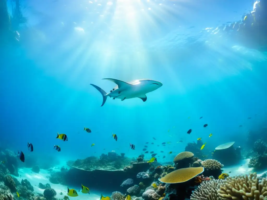 Un vibrante ecosistema marino con arrecifes de coral, peces tropicales y una majestuosa manta ray